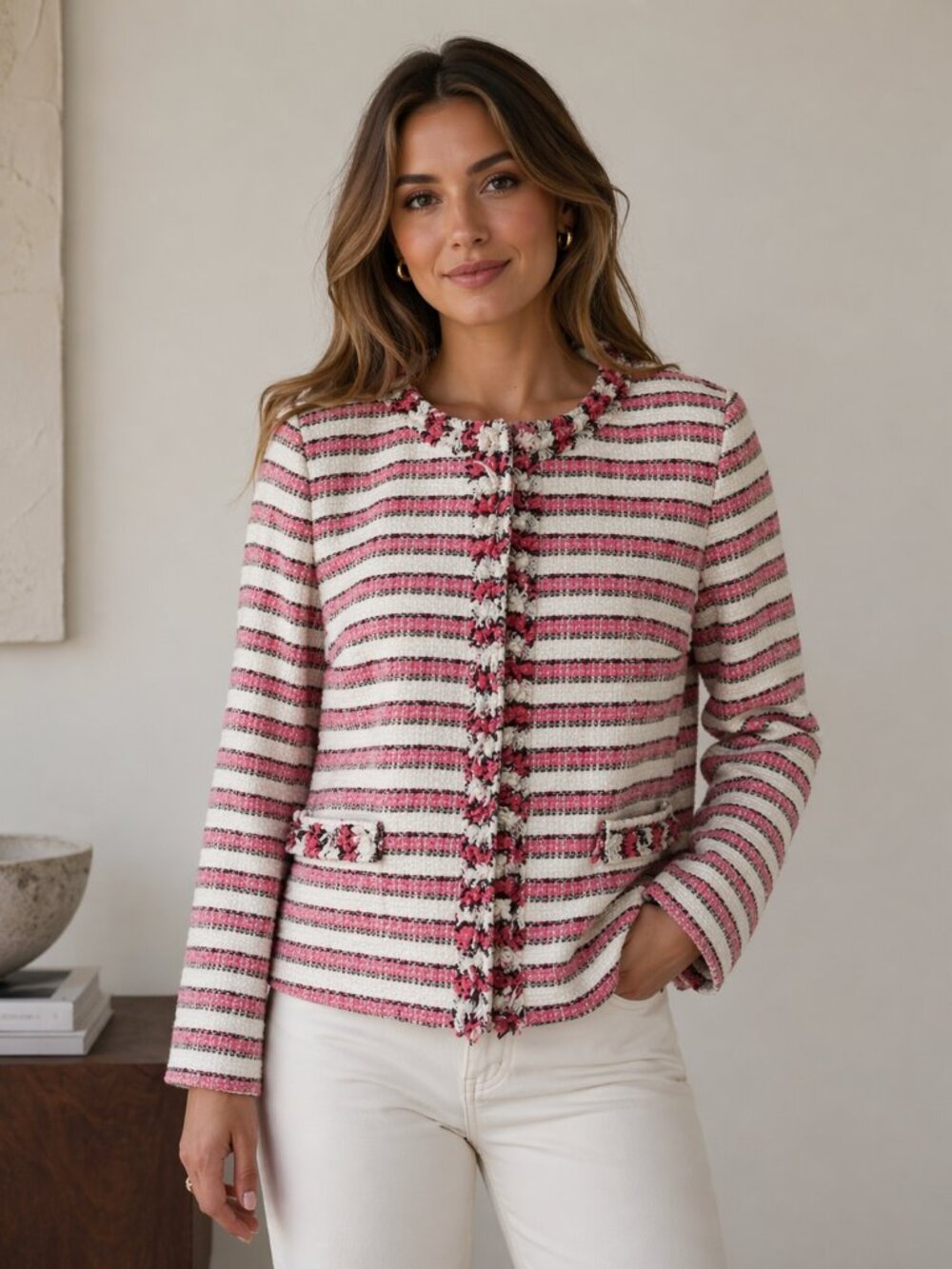 Talbots Sz 8 Pink White Striped Tweed Fringe Lady Jacket Preppy Quiet Luxury